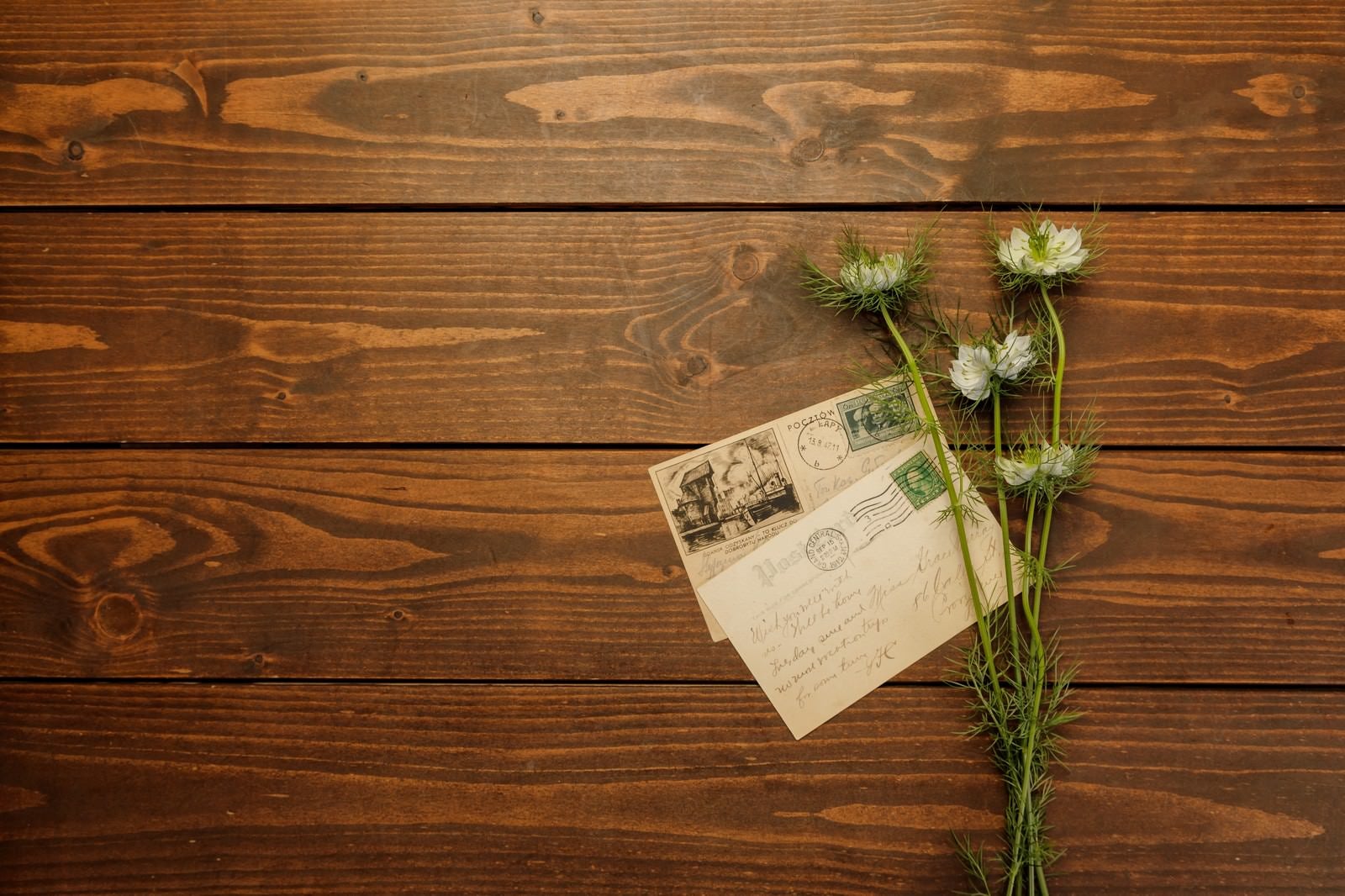 「アンティークデスクに置かれた葉書と庭で摘んだ名もなき花」の写真