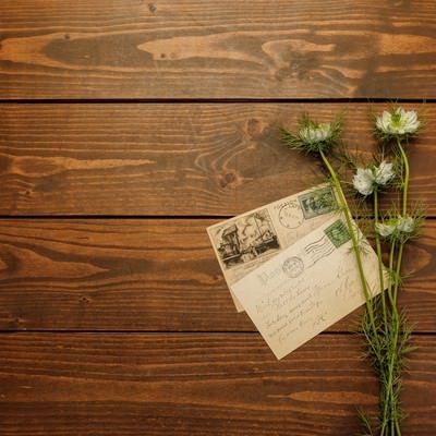 アンティークデスクに置かれた葉書と庭で摘んだ名もなき花の写真
