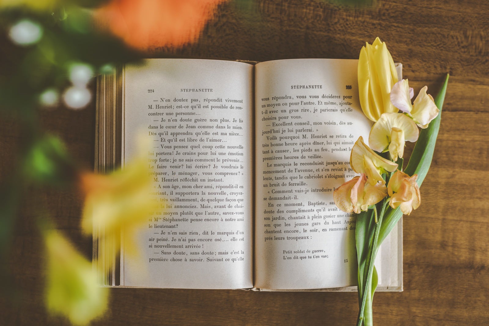 「花に囲まれた読みかけの洋書」の写真