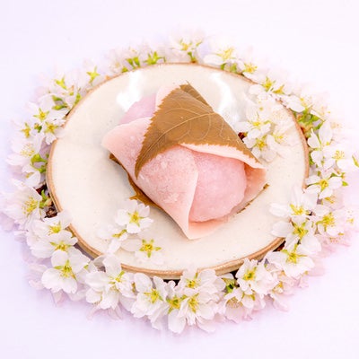 お皿に盛り付けられたキメラ桜もちの写真
