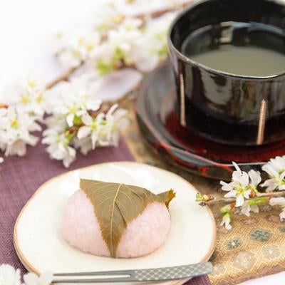 桜餅と抹茶のティータイムの写真