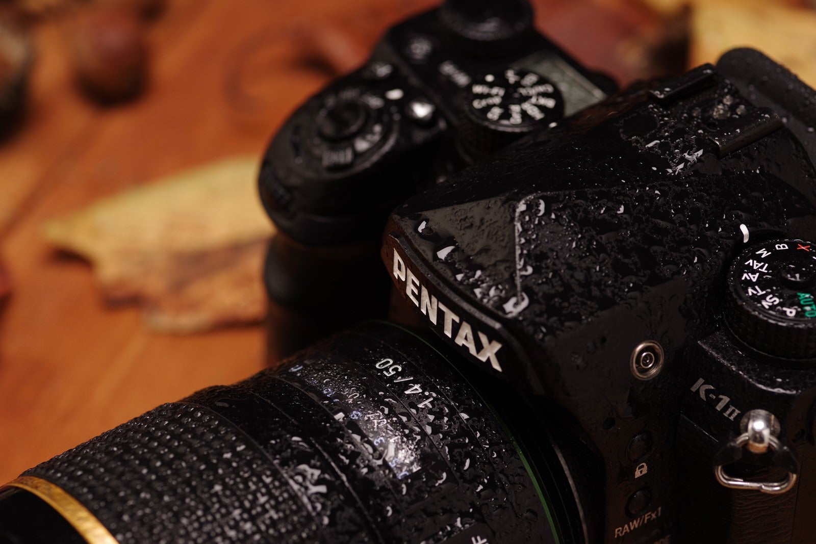 「雨に濡れた PENTAX K-1MarkⅡのロゴ」の写真