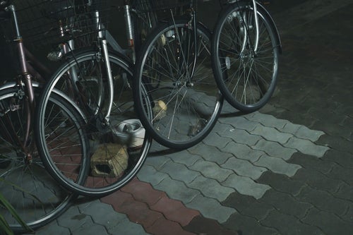駐輪中の自転車の前輪の写真