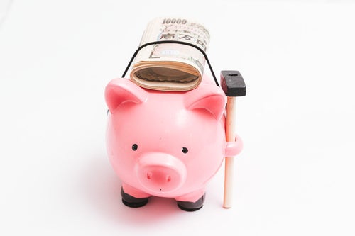 札束を背負ってきた豚の貯金箱の写真