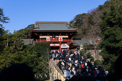 初詣の参拝客で混雑する鶴岡八幡宮の写真