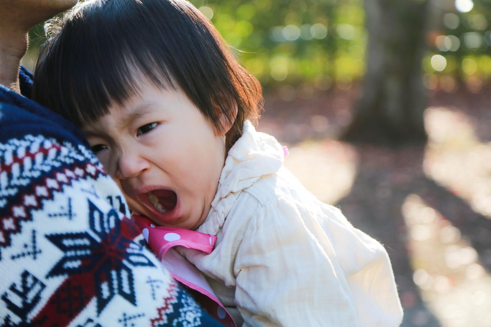 父親の肩に乗せられ泣き叫ぶ幼い子どもが嫌がる様子［モデル：あんじゅ］