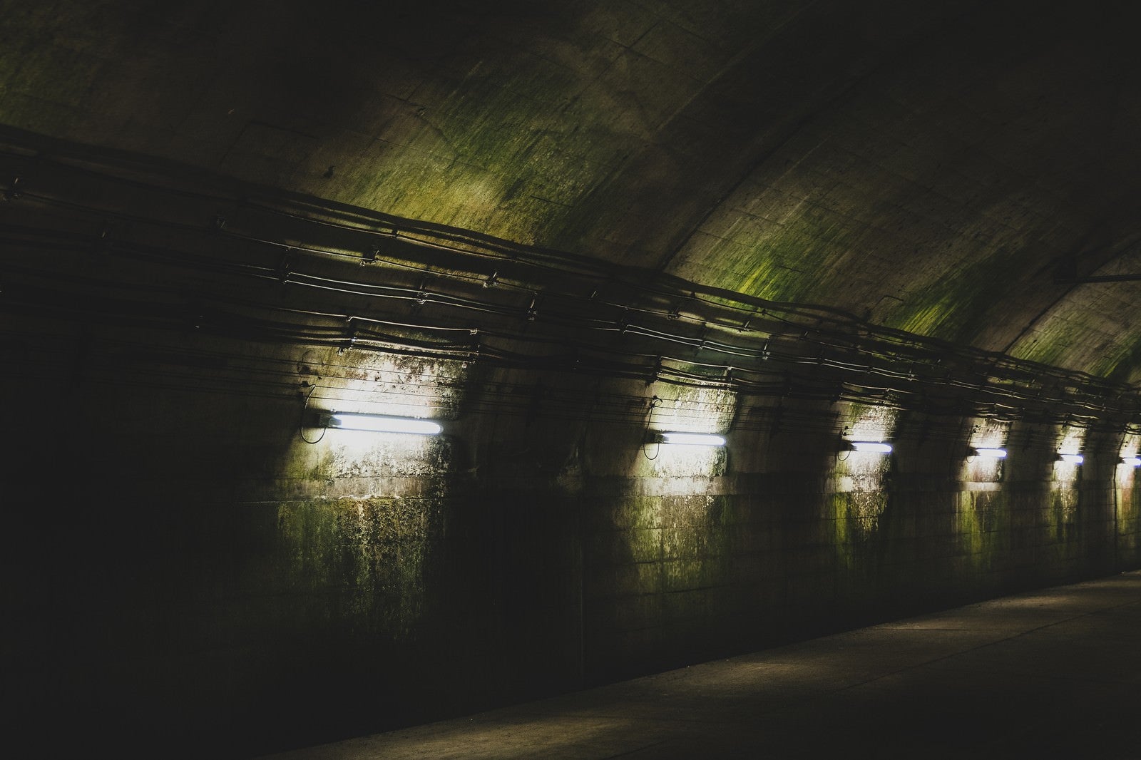 「まるで地下要塞にいるような電灯と汚れた壁面（土合駅）」の写真