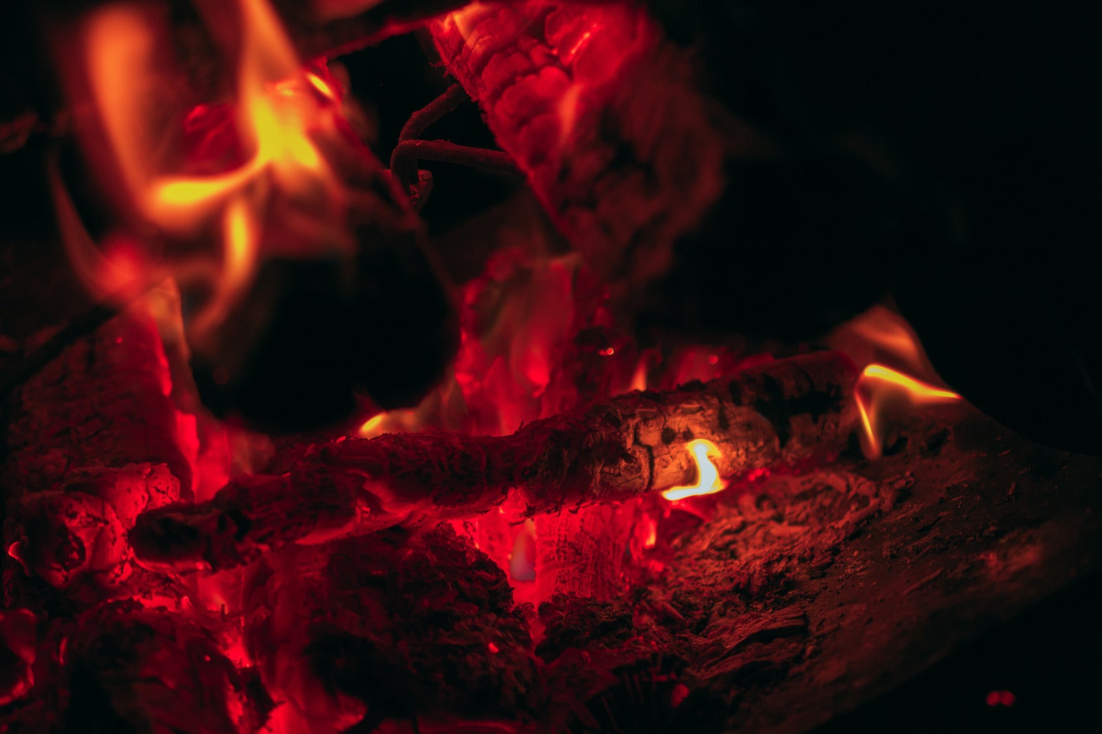 「燃え尽きる焚き火の薪」の写真