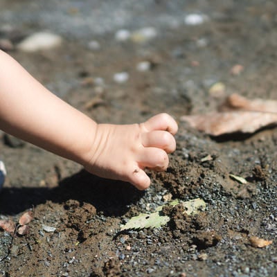 素手で土を触る子供の手の写真