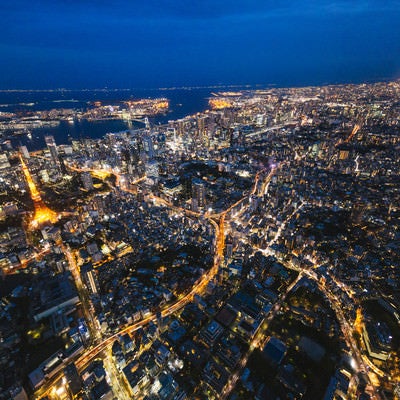 東京タワー上空と都市景観（夜景）の写真