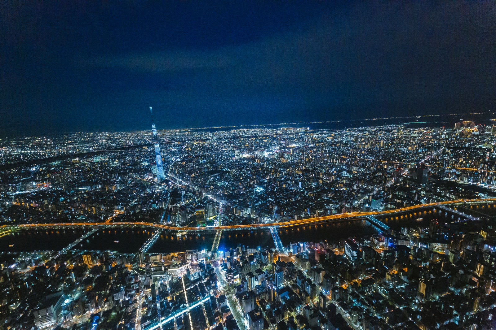 「隅田川と東京スカイツリーの空撮夜景」の写真