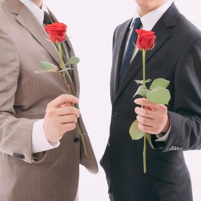 薔薇の花を持って告白する男性二名の写真