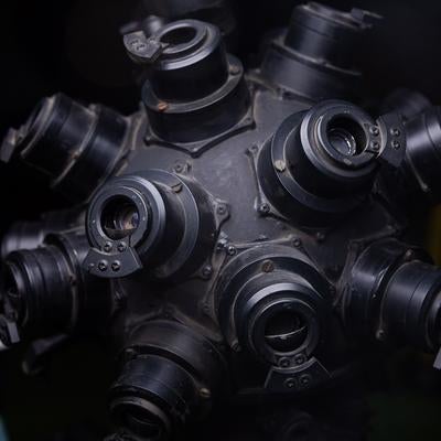 放射状に配置される西村式試作プラネタリューム投影機の写真