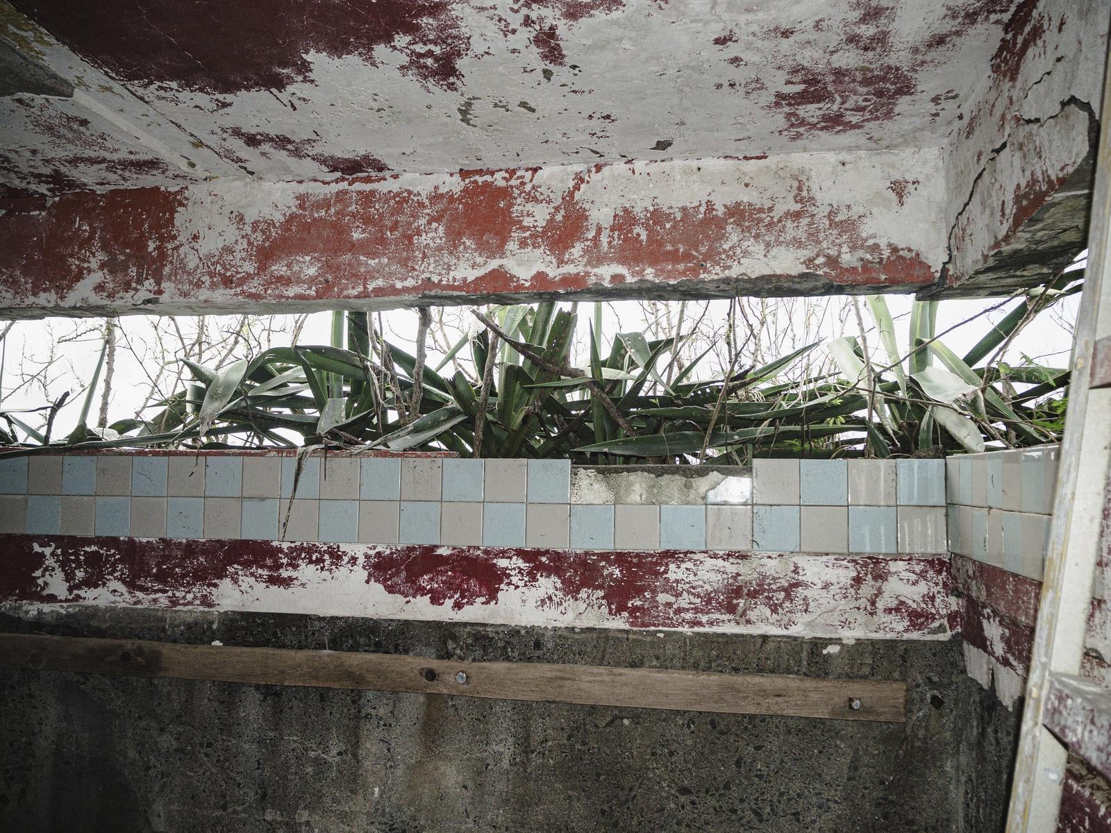 「塗料やタイルの装飾が残る米軍IWOパブの壁」の写真