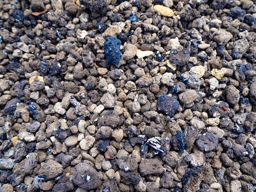 翁浜に打ち上げられた軽石と地球上で硫黄島とイタリアにしか存在しないウズラ石の写真