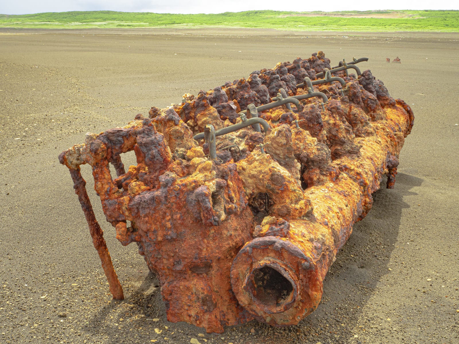 「翁浜に横たわる錆びついた沈船のエンジン（硫黄島）」の写真