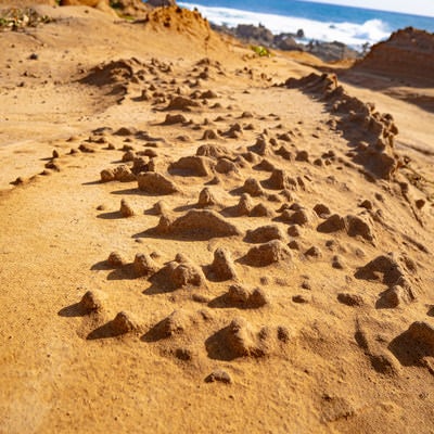 まるでニョキニョキと岩が生まれたように見える釜岩の岩肌の写真