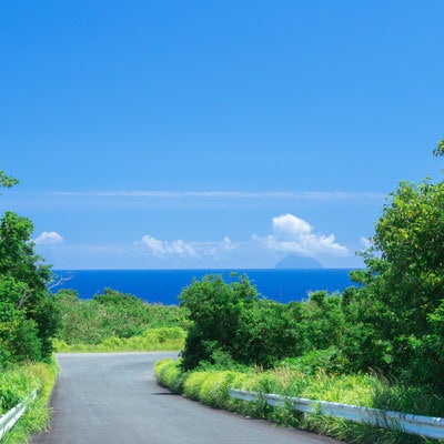 坂道の先に広がる蒼海と奥にかすんで見える南硫黄島の写真