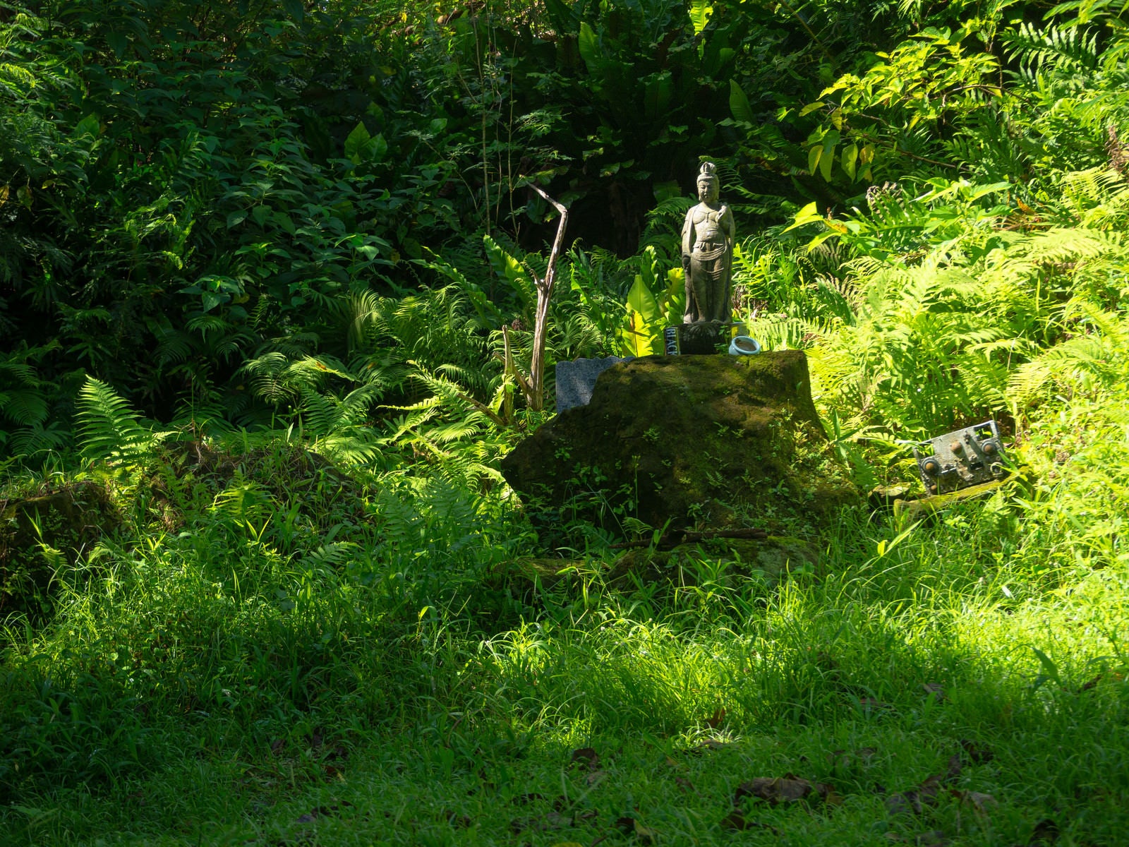 「兵団司令部壕の菩薩像と旧軍装備品の残骸」の写真