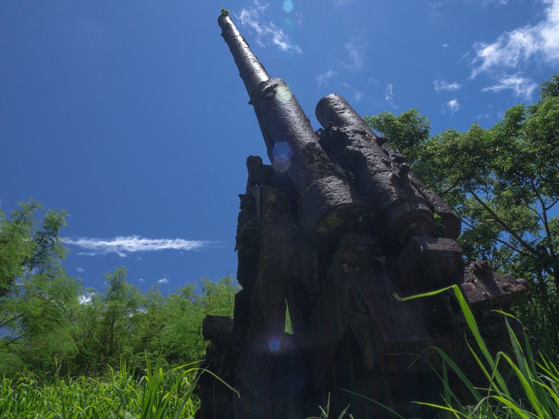 北部落に設置された空を仰ぐ高角砲の写真