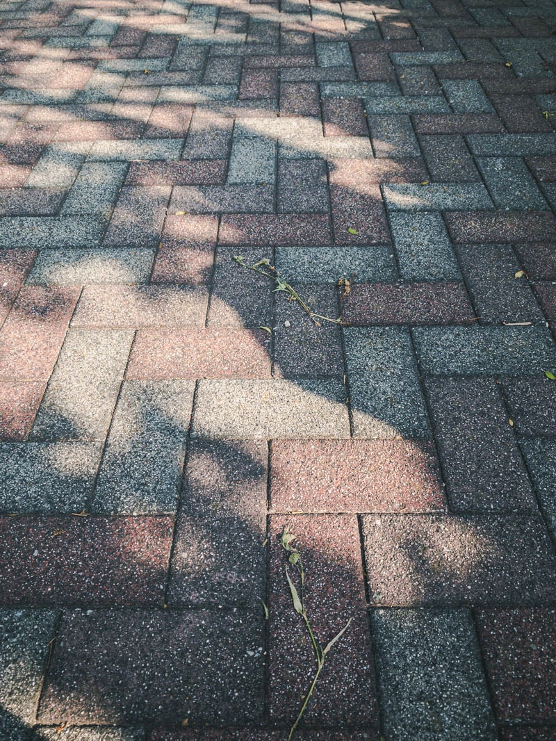 「影が伸びるレンガブロック敷きの地面」の写真