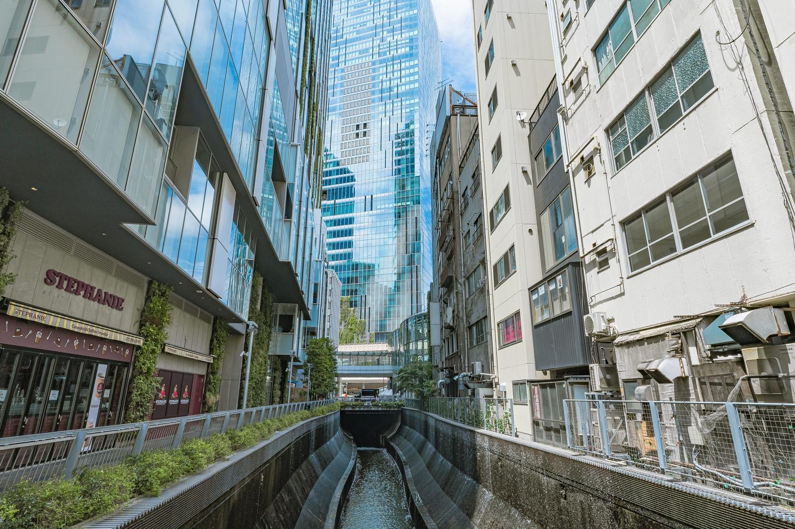 「都会の運河と高層ビルの渋谷川」の写真