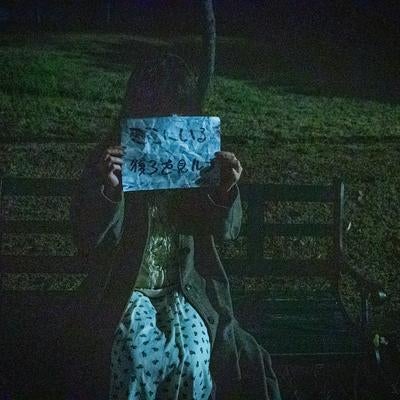 夜のベンチで怪文書を掲げる謎の女性の素材