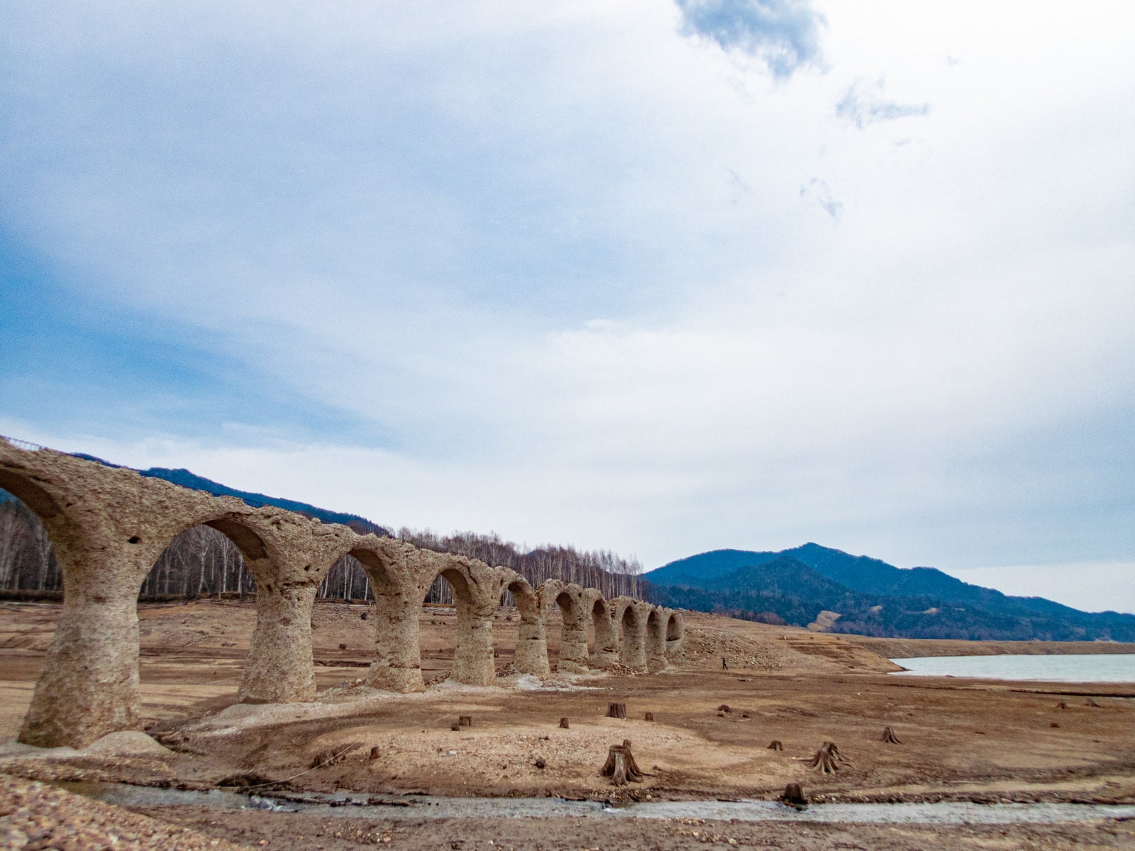 「糠平湖の湖底から望むタウシュベツ川橋梁」の写真