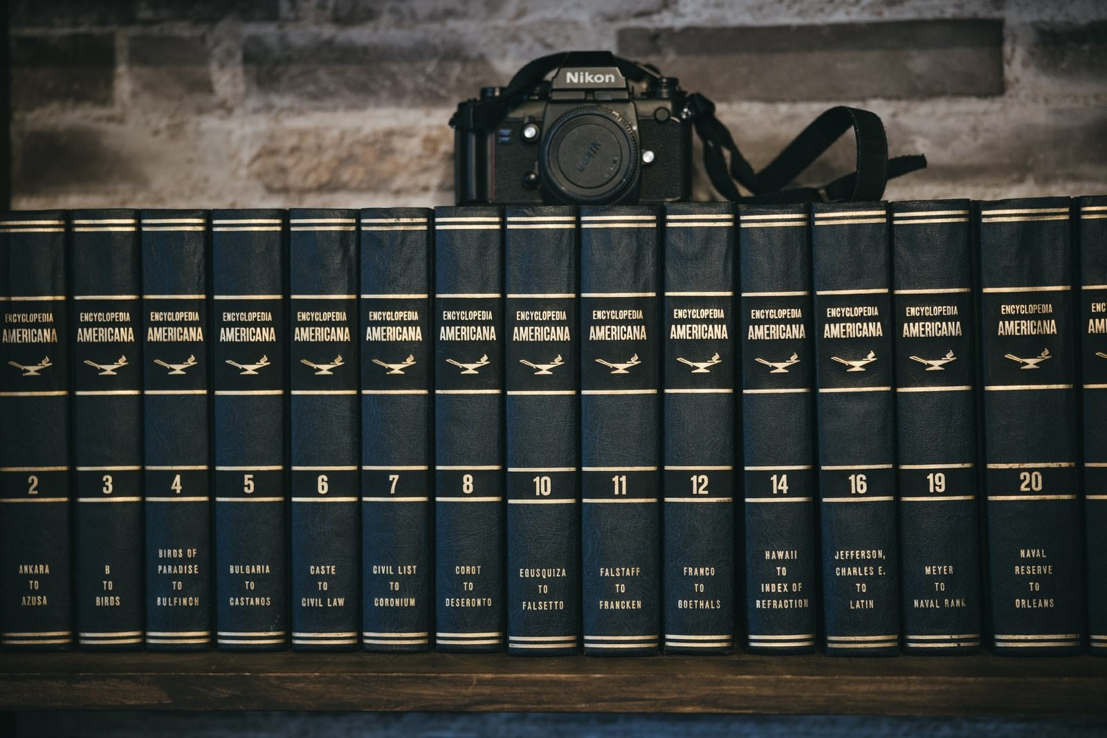 「本棚に並んだ百科事典とカメラ」の写真