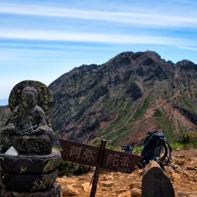阿弥陀岳山頂にある標識と石像の写真