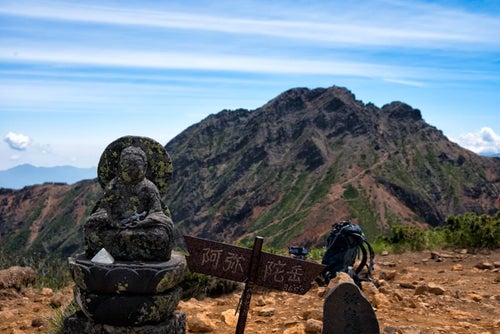阿弥陀岳山頂にある標識と石像の写真