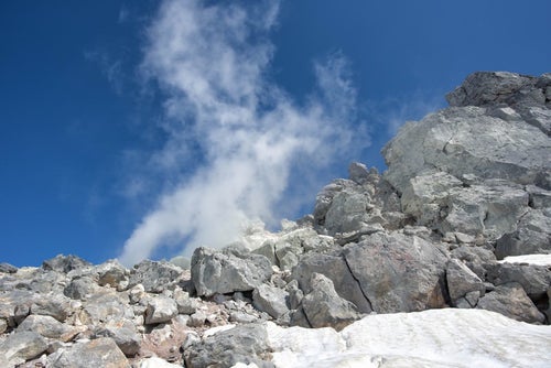 盛んに噴気を出す焼岳の噴気孔の写真