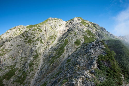 聳える岩尾根と登山道の写真
