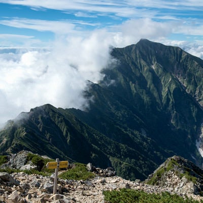 登山道の指導標と稜線の写真