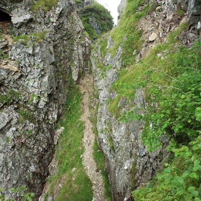崖の壁に挟まれた登山道の写真