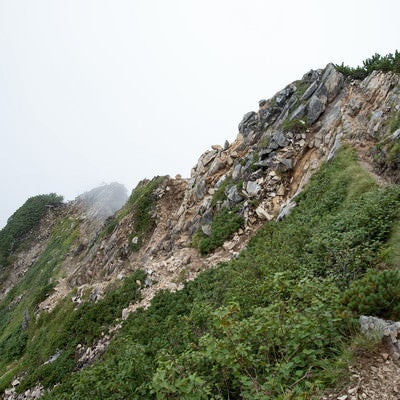 雲の壁に突き進む登山道の写真