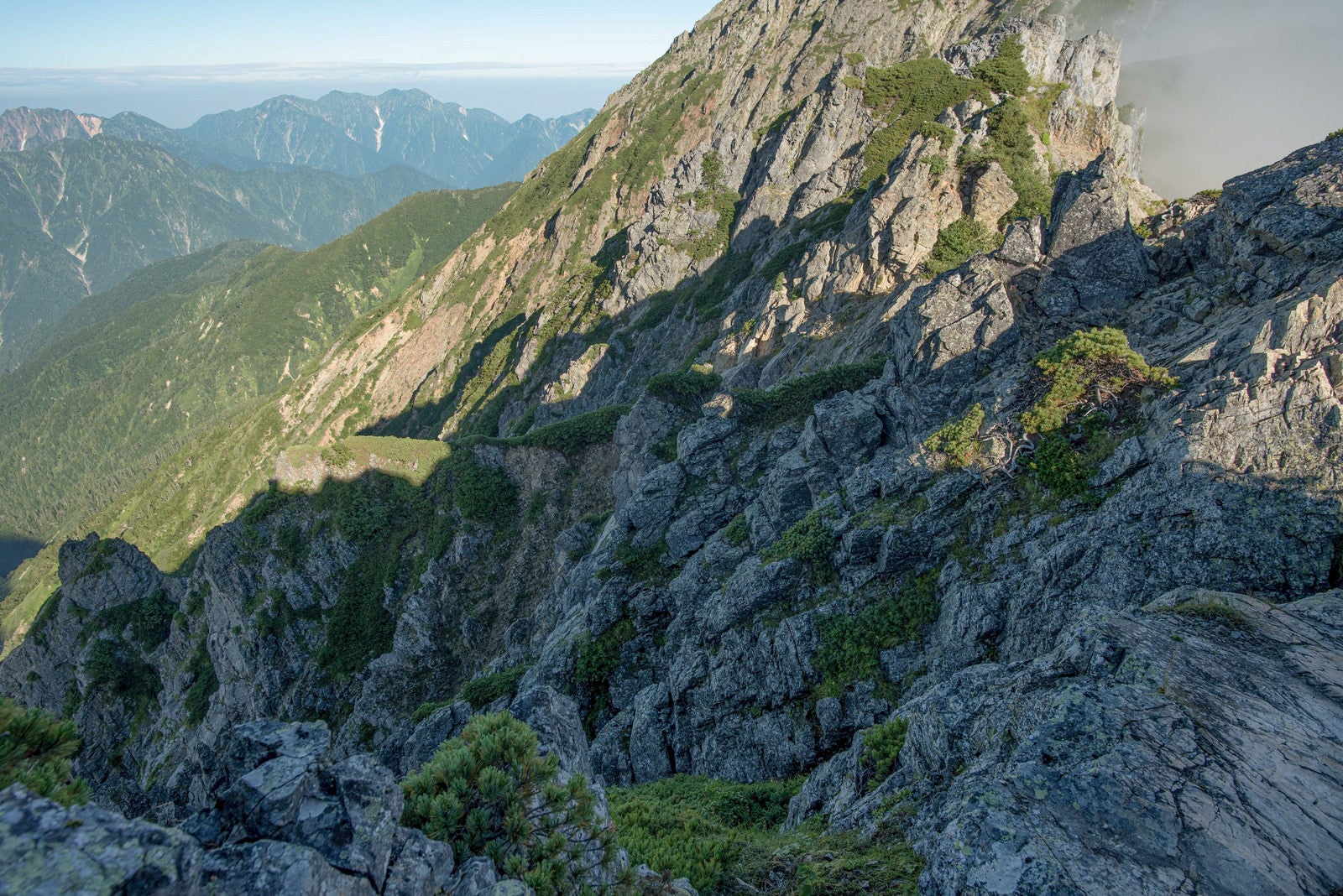 「登山道から見下ろした岩稜の影」の写真