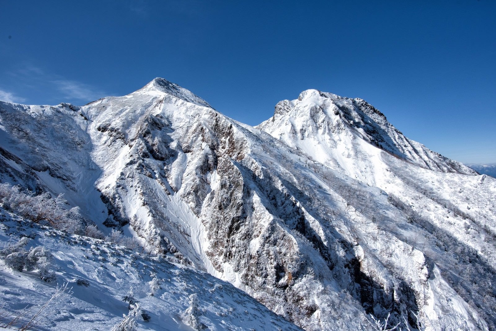 「中岳と阿弥陀岳（雪山）」の写真