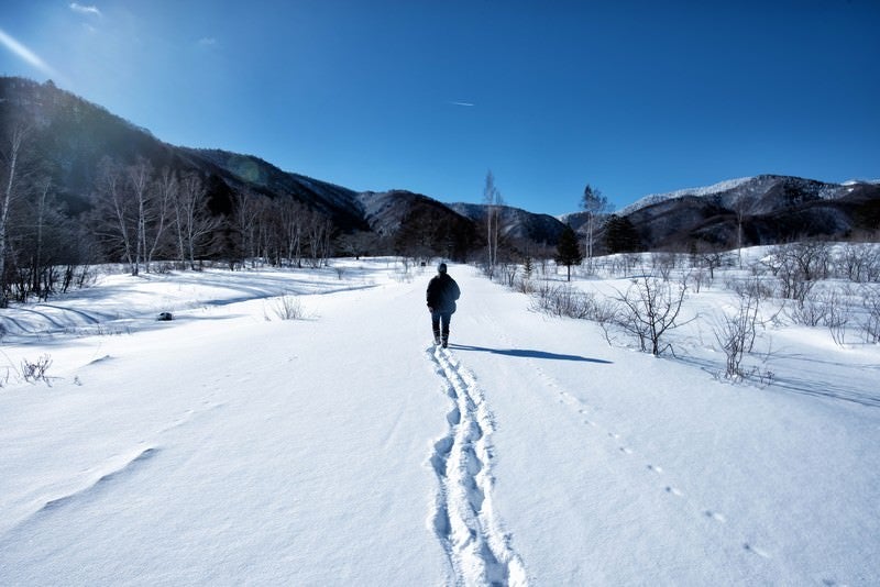 新雪の雪原を歩く人の写真