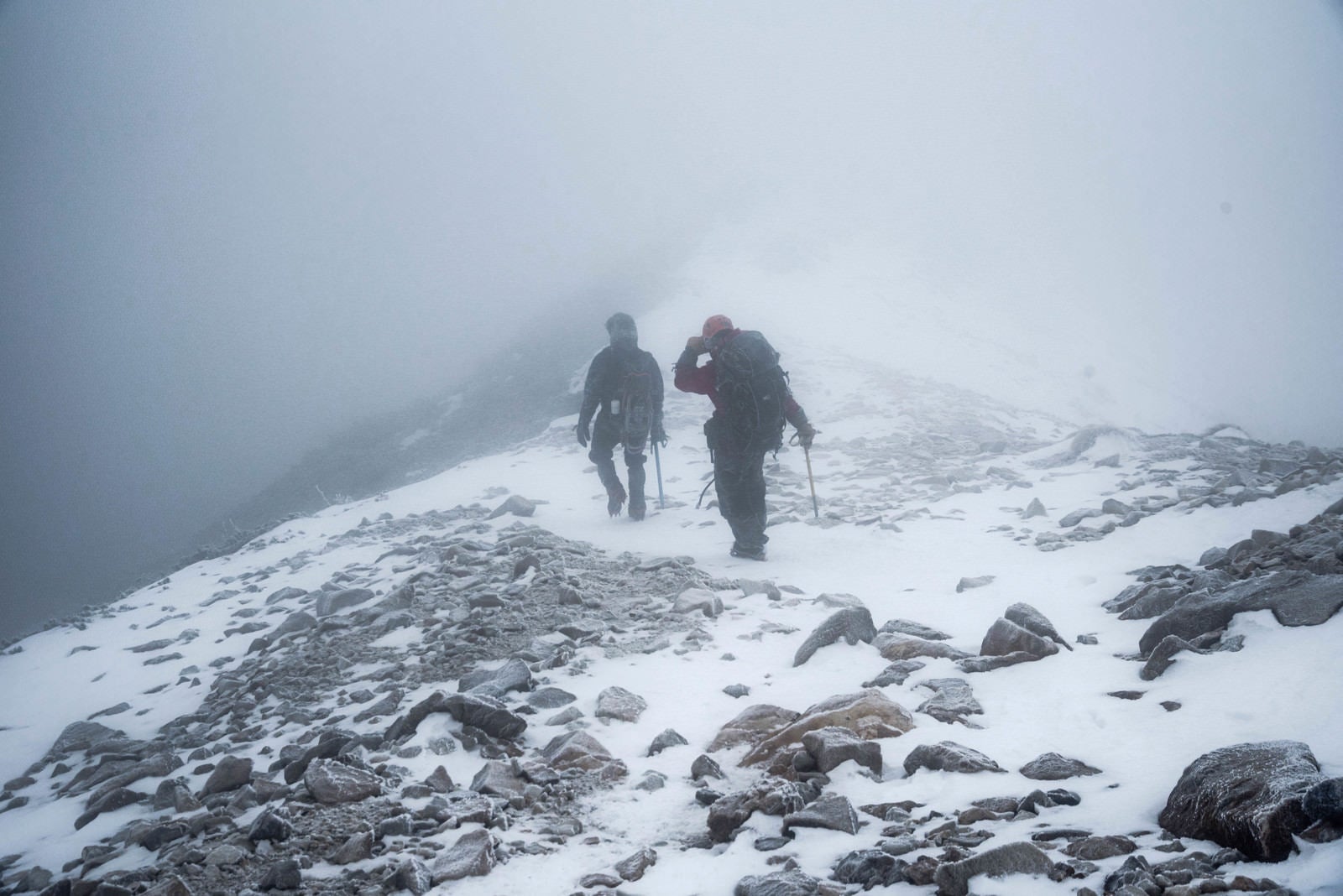 「ホワイトアウト発生時に下山する登山者」の写真