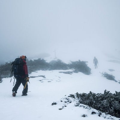 ホワイトアウト発生時に山頂を目指す登山者の写真