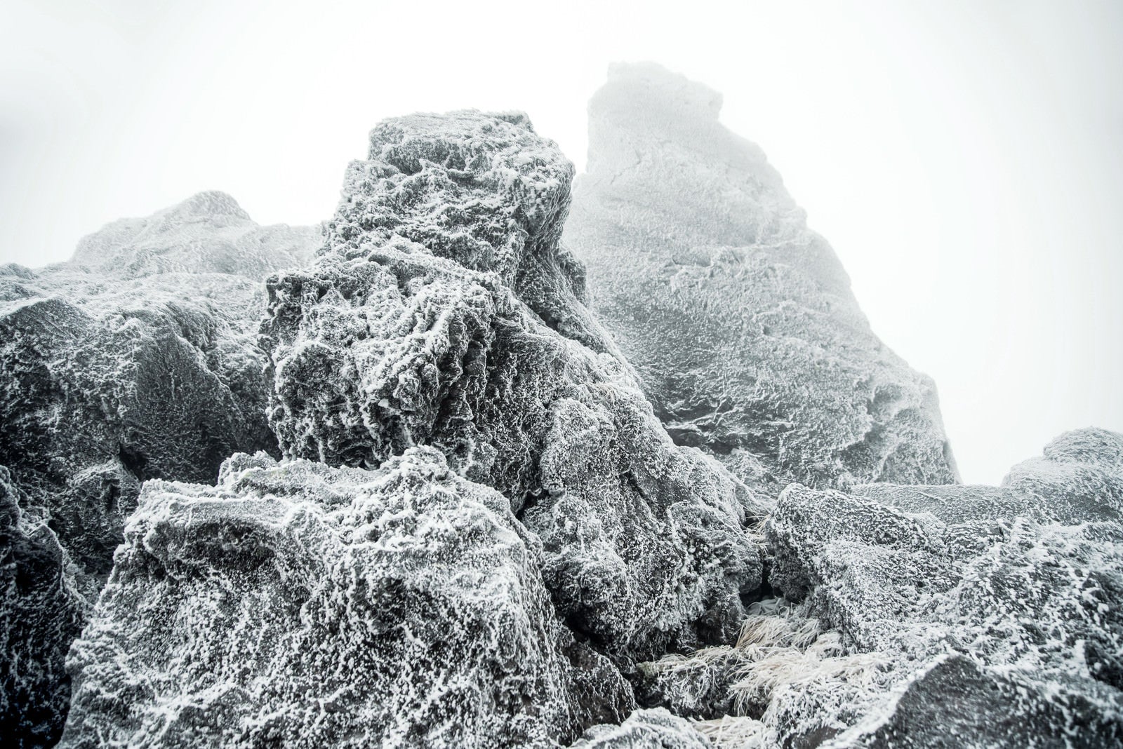「厳冬の岩肌に張り付く氷」の写真