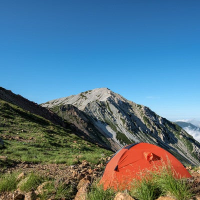 テントと白馬鑓ヶ岳の写真