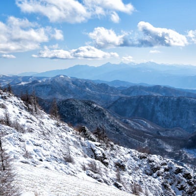 冬の美ヶ原から見える南アルプスの写真