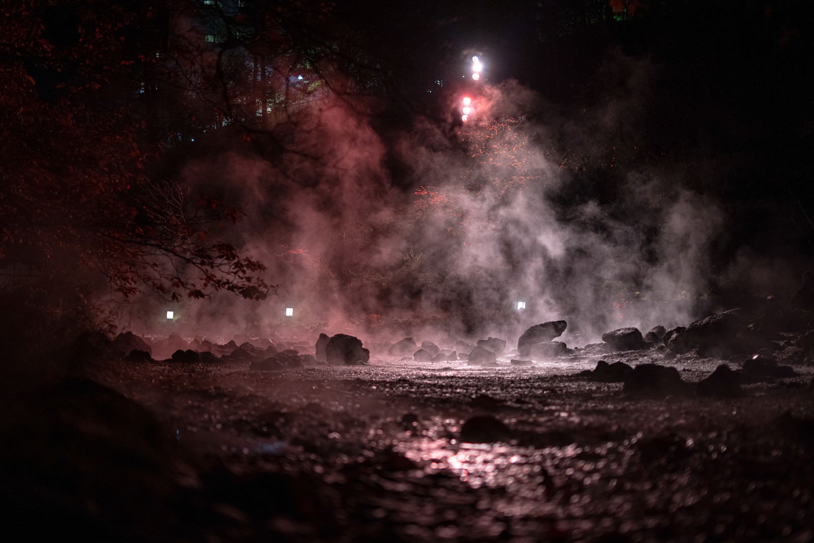 「西の河原公園の湯気とライトアップの様子」の写真