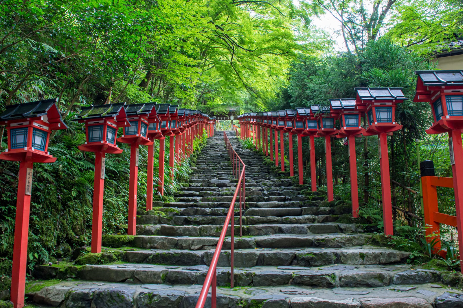 「淡い緑と朱色の美しいコントラストが見られる貴船神社の石段（京都）」の写真