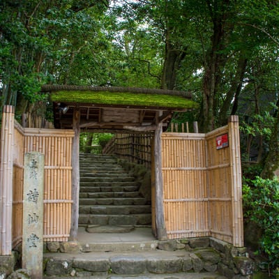 竹垣と苔むした屋根が迎えてくれる京都詩仙堂入り口の写真