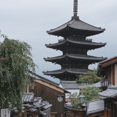 八坂の塔を見上げながら観光を楽しむ人々（京都）の写真