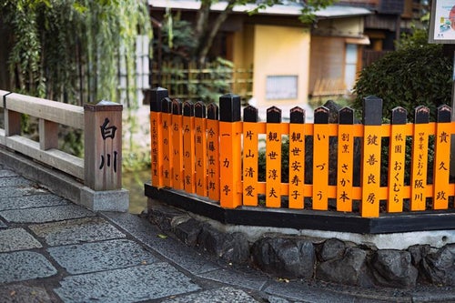 祇園白川の名前が入った柵と巽橋の写真