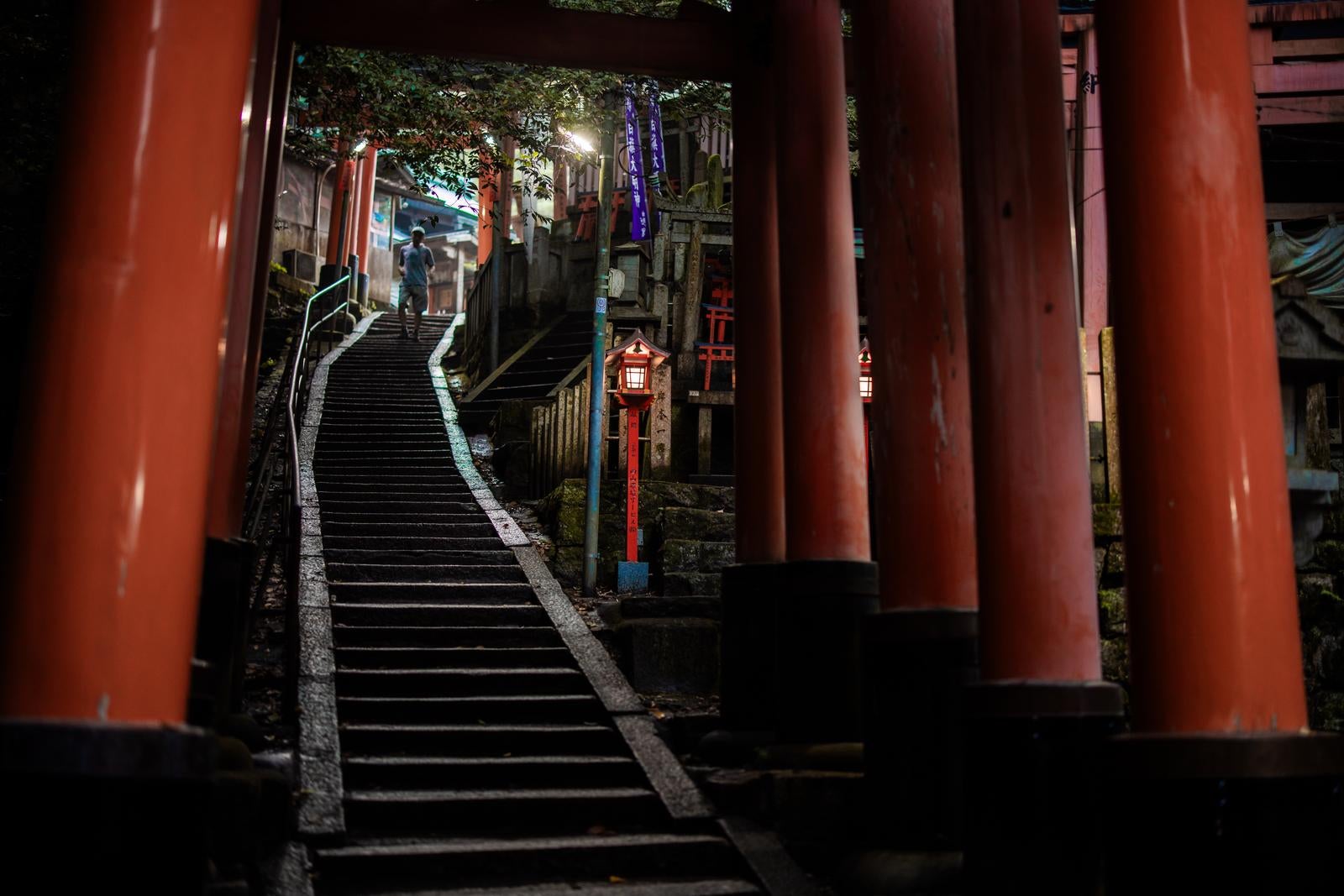 「夜の伏見稲荷大社で連なる朱色の鳥居と石段」の写真